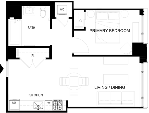 Floor plan for 1 bed, 1 bath, 529 sqft